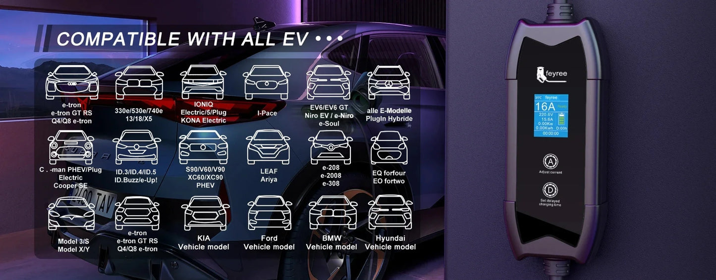 feyree Type2 16A 3.5kW EV Charger Portable Charging Box 5M Cable GBT Socket Type1 J1772 Adapter for Electric Vehicle Car Charger