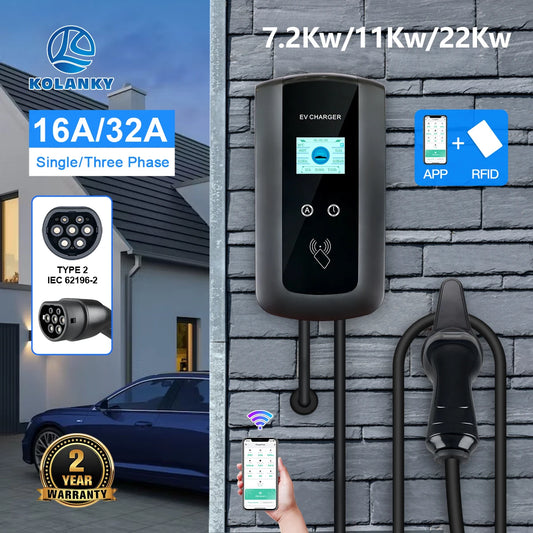 Kolanky 32A 7.2/22KW EV Charging Station Wallbox Electric Vehicle Charger EVSE Type2 Cable IEC62196-2 Tuya APP Control