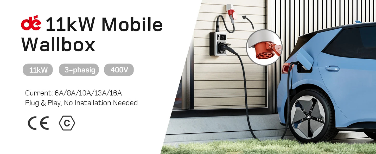 dé Wallbox with App 11kW 22kW CEE to Type 2 Socket EV Charger 16A 32A 3Phase RFID Control Electric Vehicle Charger
