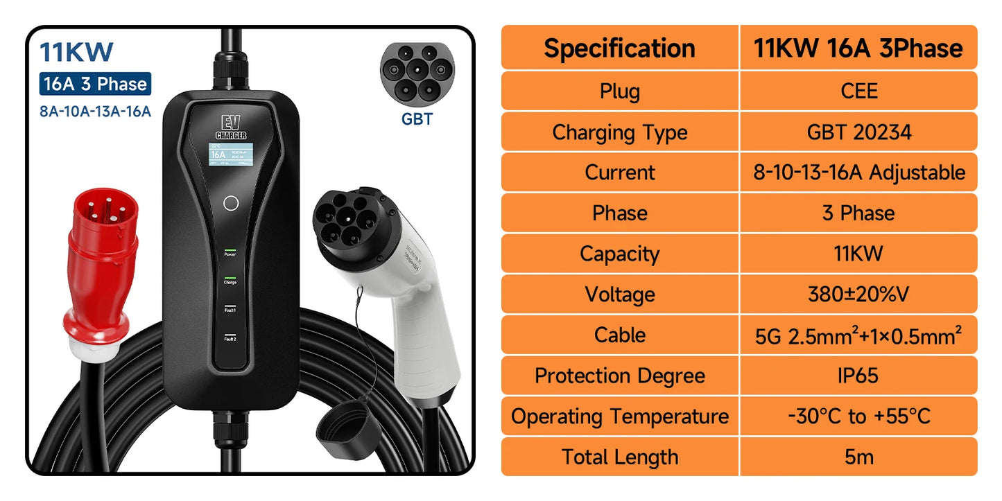 3.5W 16A Portable EV Charger GBT EVSE Charging Box EU Plug Controller Wallbox for Electric Car Fast Charging Current Adjustable