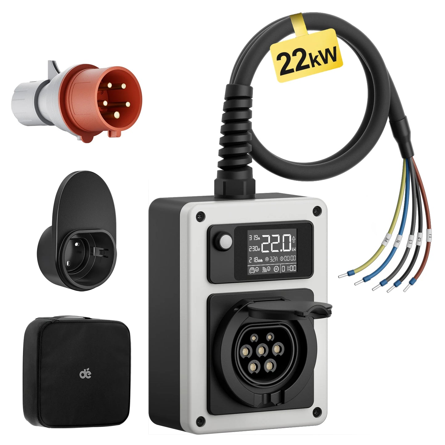 dé Wallbox with App 11kW 22kW CEE to Type 2 Socket EV Charger 16A 32A 3Phase RFID Control Electric Vehicle Charger