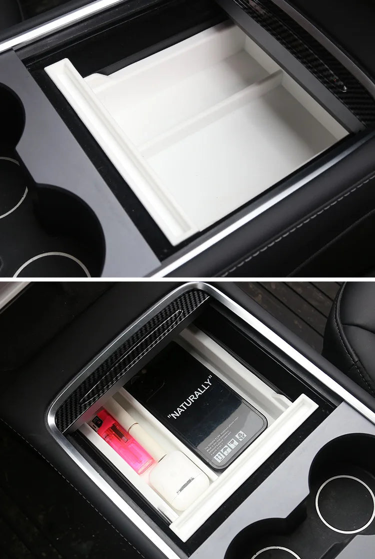 White Storage Box for Tesla Model 3 Y TPE+ABS Double Layered Dashboard Screen Armrest Central Control Boxes Interior Accessories