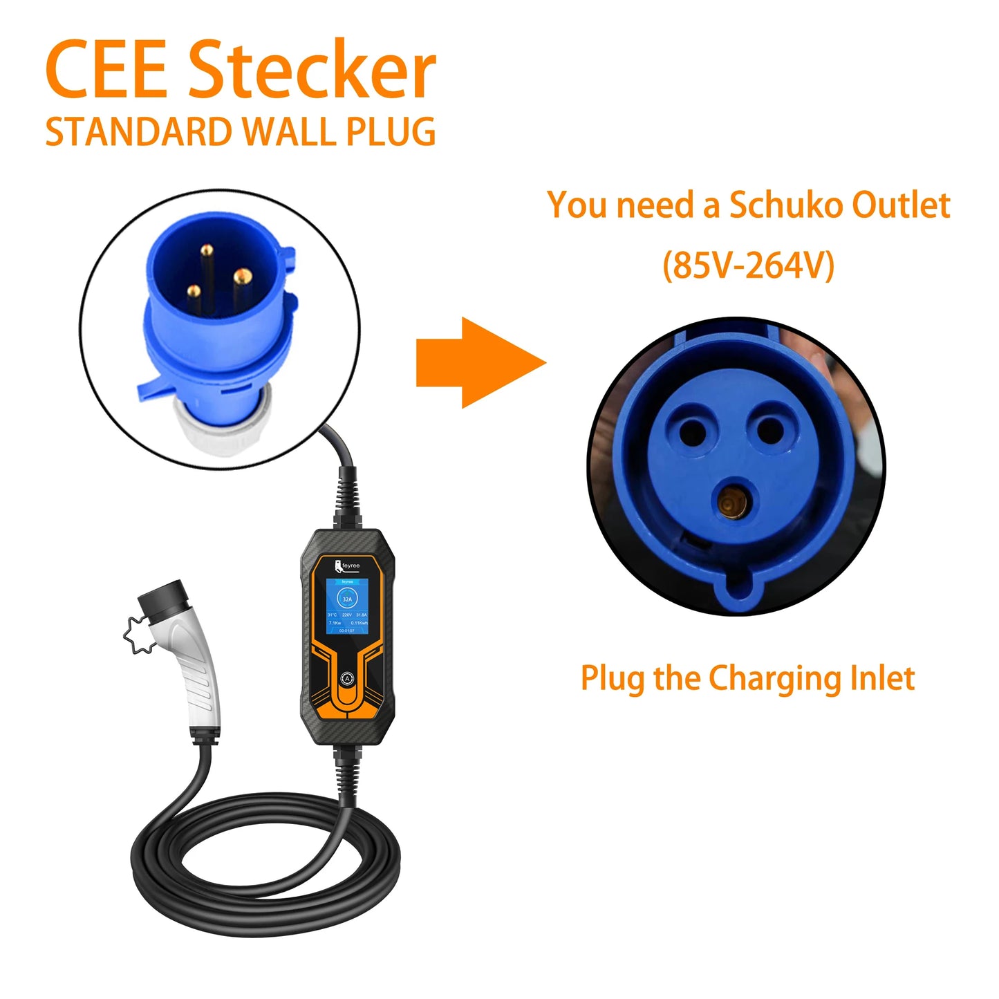 feyree Portable EV Charger Wallbox Type2 Cable 32A 7KW with CEE Plug EVSE Type1 Charging Box j1772 Adapter for Electric Vehicle