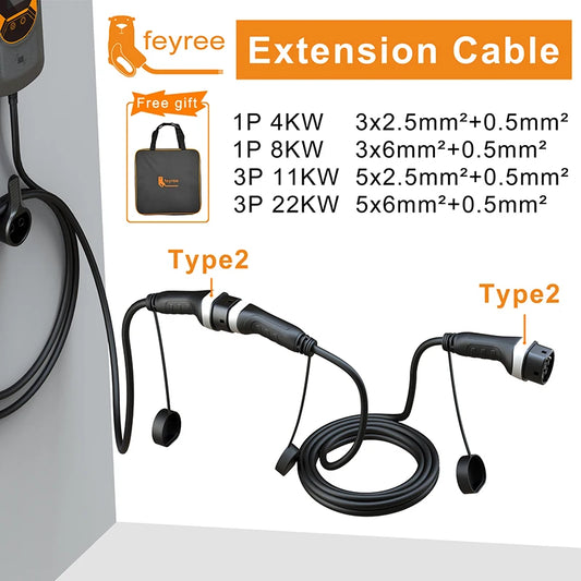feyree EV Charging Cable 16A/32A 4kW/8kW/11kW/22kW Electric Vehicle Cord 5M Type 2 EVSE Charging Station Female to Male Plug