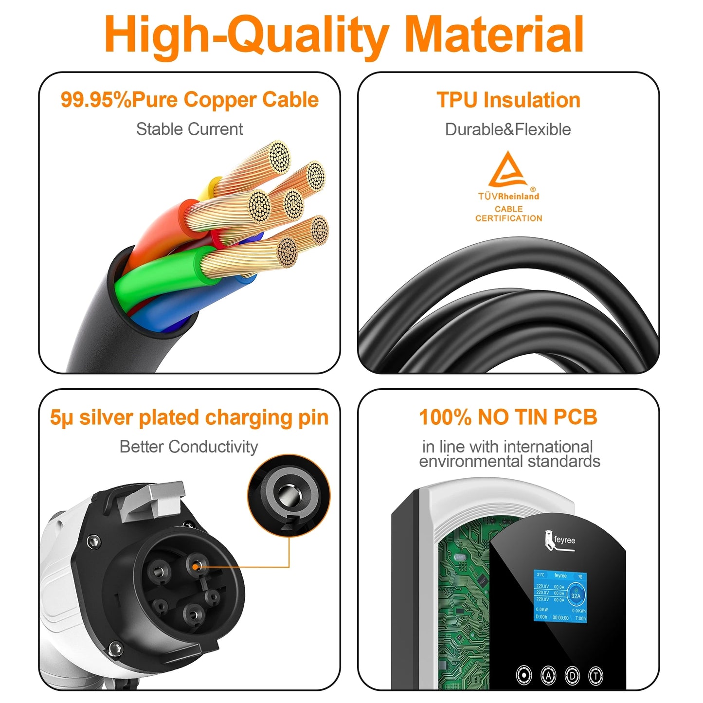 feyree EV Charger Type1 Cable j1772 Socket 32A 40A 50A Single Phase EVSE Wallbox Charging Station APP Control for Electric Car