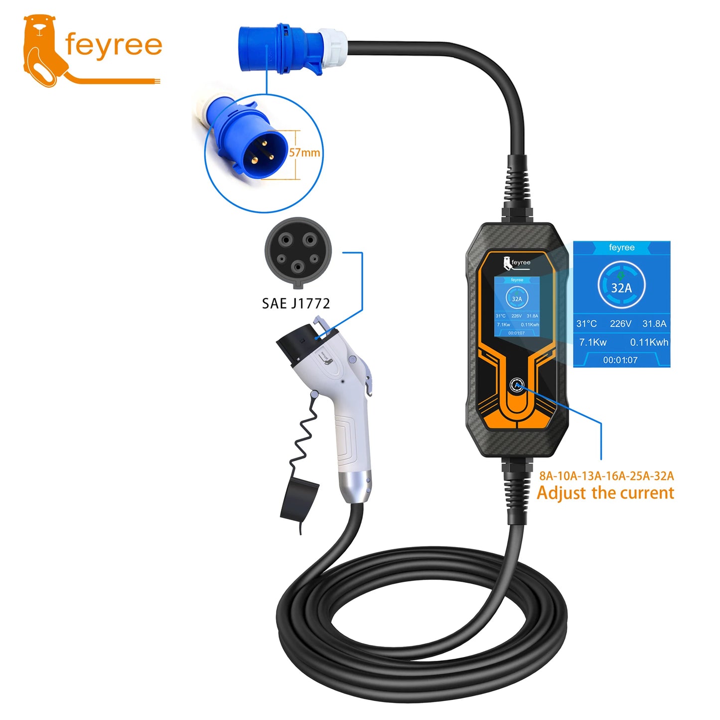 feyree Portable EV Charger Wallbox Type2 Cable 32A 7KW with CEE Plug EVSE Type1 Charging Box j1772 Adapter for Electric Vehicle