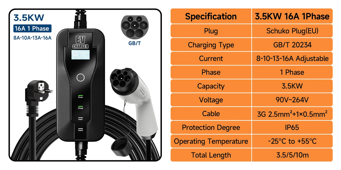 3.5W 16A Portable EV Charger GBT EVSE Charging Box EU Plug Controller Wallbox for Electric Car Fast Charging Current Adjustable