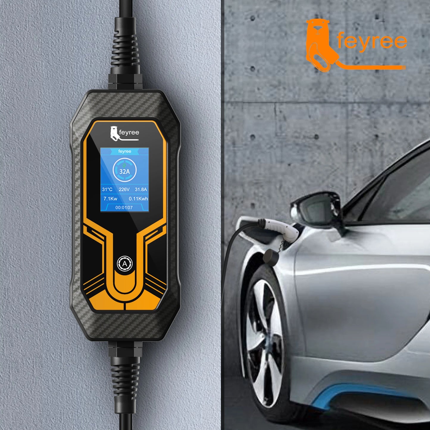 feyree Portable EV Charger Wallbox Type2 Cable 32A 7KW with CEE Plug EVSE Type1 Charging Box j1772 Adapter for Electric Vehicle