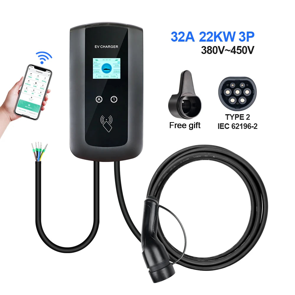 Kolanky 32A 7.2/22KW EV Charging Station Wallbox Electric Vehicle Charger EVSE Type2 Cable IEC62196-2 Tuya APP Control