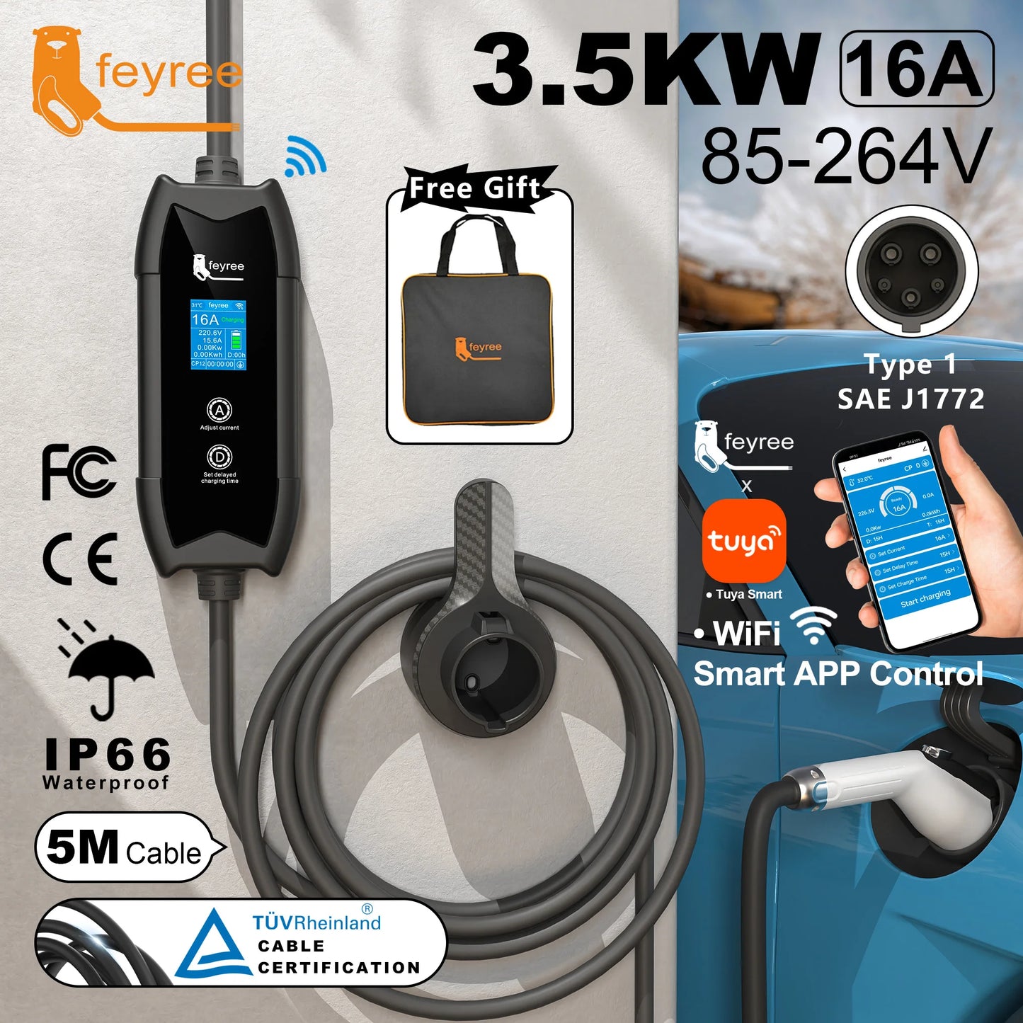 feyree Type1 Portable EV Charger 5m Cable with WIFI APP Control 16A 3.5KW Set Charging&DelayTime for EV Cars,Plug customizable
