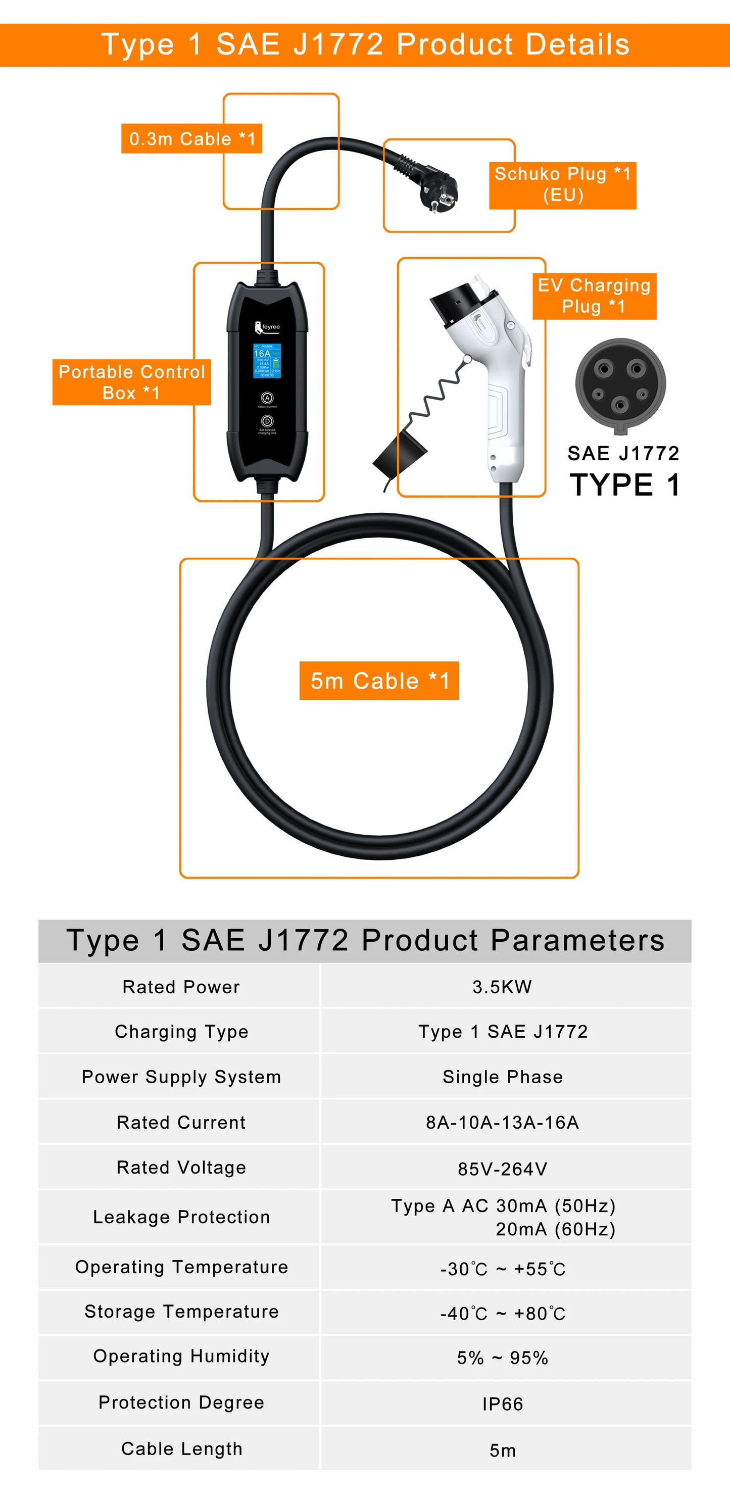 feyree EV Charger Type2 16A 3.5kW Portable Charging Box 5M Cable GBT Socket Type1 J1772 Adapter for Electric Vehicle Car Charger