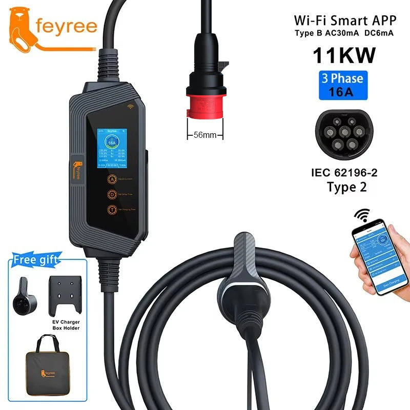 feyree EVSE Wallbox Type2 Cable EV Car Chager 7KW 11KW 22KW Electric Vehicle Charging Station with APP WIFI Control IEC62196-2