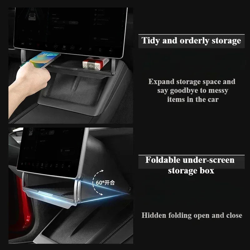 Under Screen Storage Box for Tesla Model Y/3+ Highland 2024 Central Control Hidden Storage Box Organizer Tray Car Accessories
