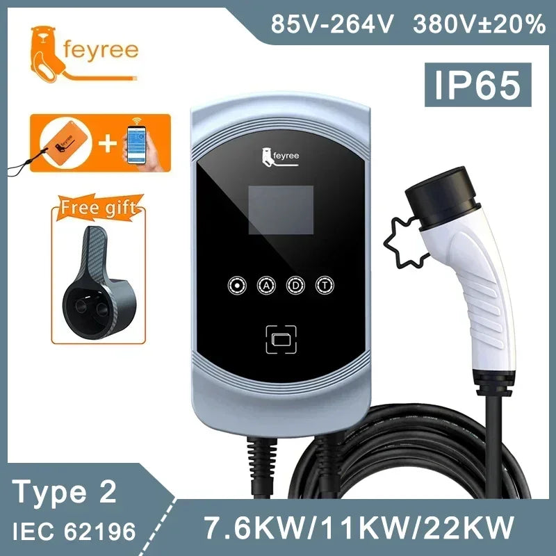 feyree EV Charger 32A 7.6KW Type2 Cable Car Charger EVSE Wallbox 11KW 22KW 3Phase IEC62196-2 Socket APP Control for Electric Car