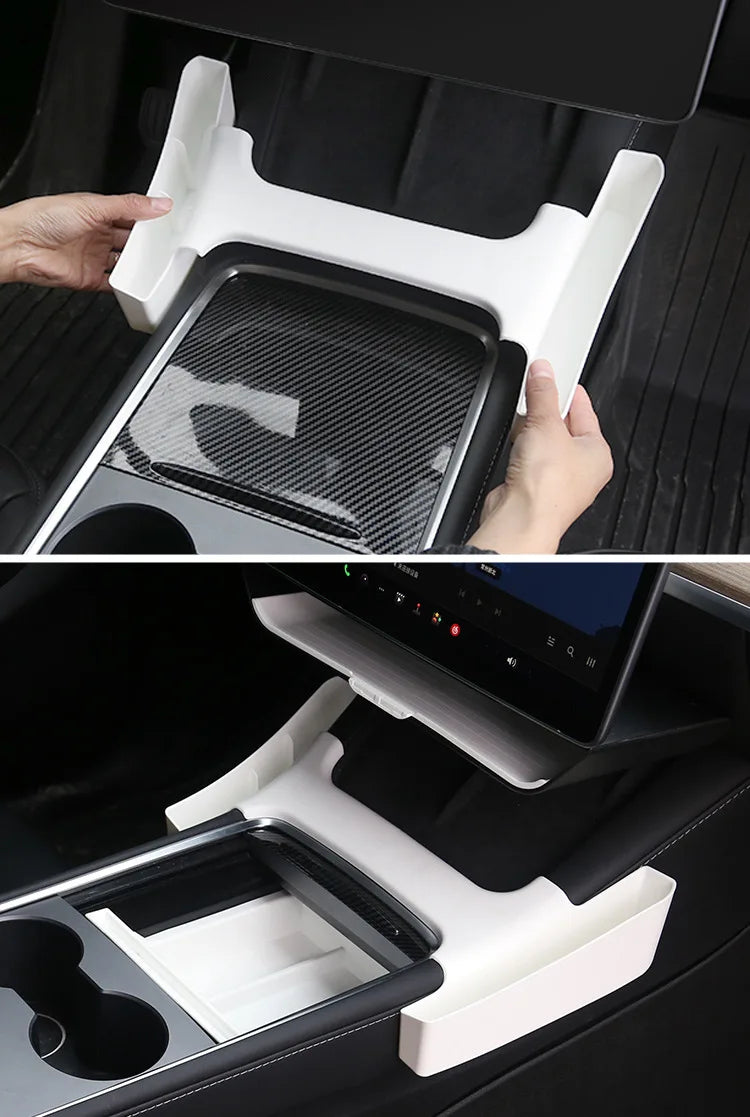 White Storage Box for Tesla Model 3 Y TPE+ABS Double Layered Dashboard Screen Armrest Central Control Boxes Interior Accessories