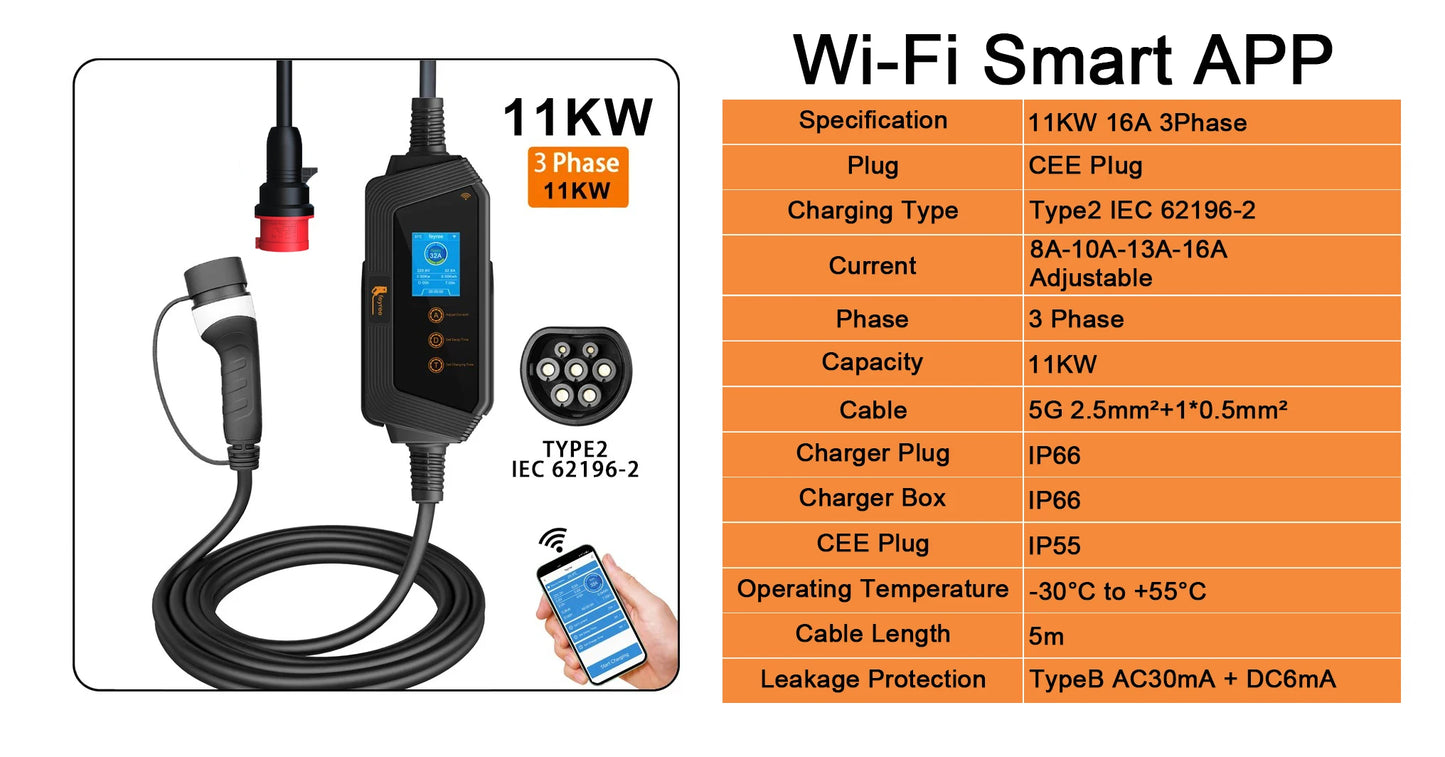 feyree EVSE Wallbox Type2 Cable EV Car Chager 7KW 11KW 22KW Electric Vehicle Charging Station with APP WIFI Control IEC62196-2