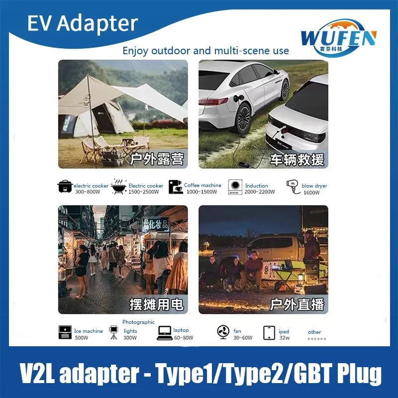 EU socket Type2 Type1 GBT V2L Adapter Vehicle to Load Discharger Fit for BYD MG4 MG5 KIA HYUNDAI 16A 3.5KW V2L EV Discharger