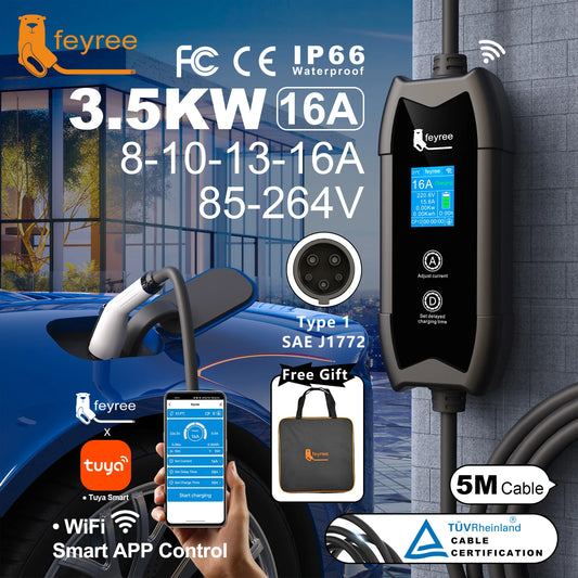 feyree Type1 Portable EV Charger 5m Cable with WIFI APP Control 16A 3.5KW Set Charging&DelayTime for EV Cars,Plug customizable
