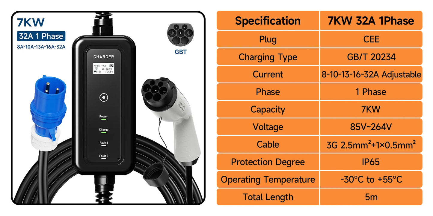 3.5W 16A Portable EV Charger GBT EVSE Charging Box EU Plug Controller Wallbox for Electric Car Fast Charging Current Adjustable