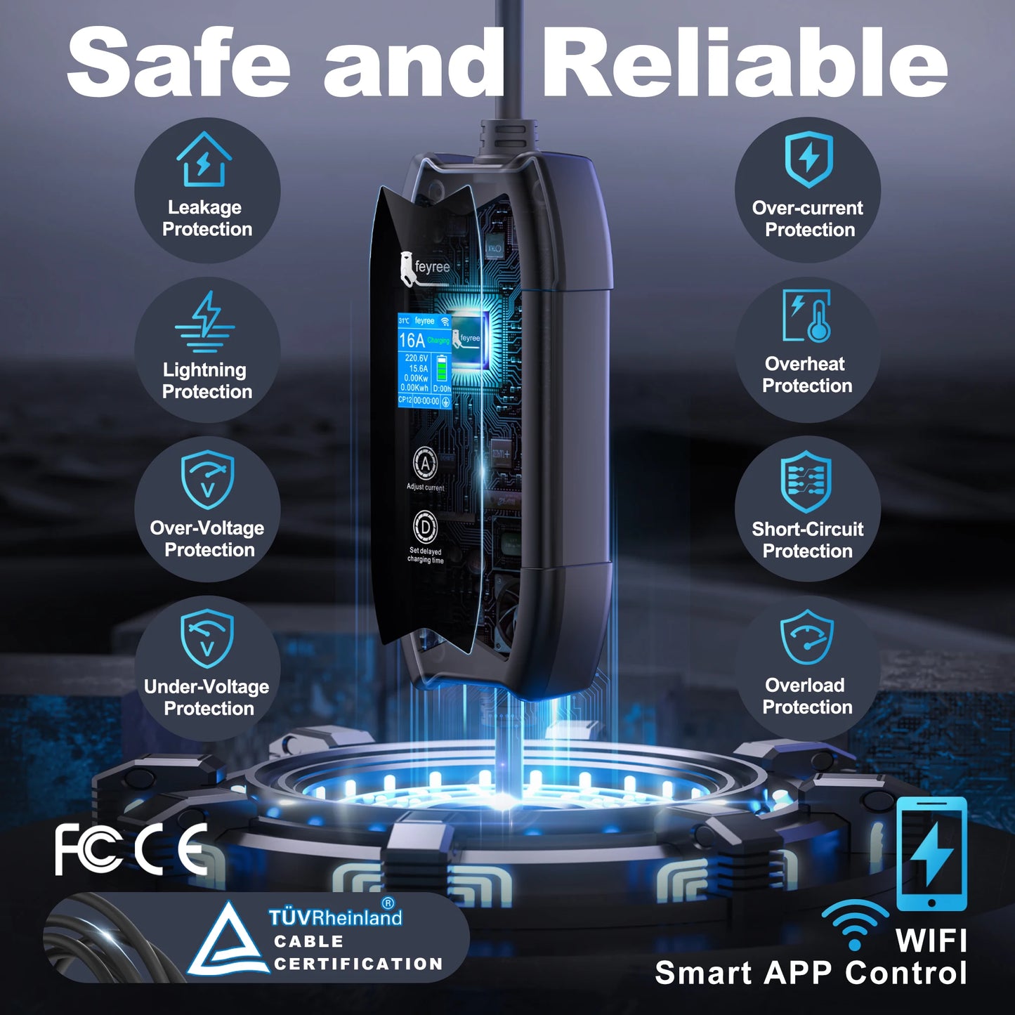 feyree Type1 Portable EV Charger 5m Cable with WIFI APP Control 16A 3.5KW Set Charging&DelayTime for EV Cars,Plug customizable