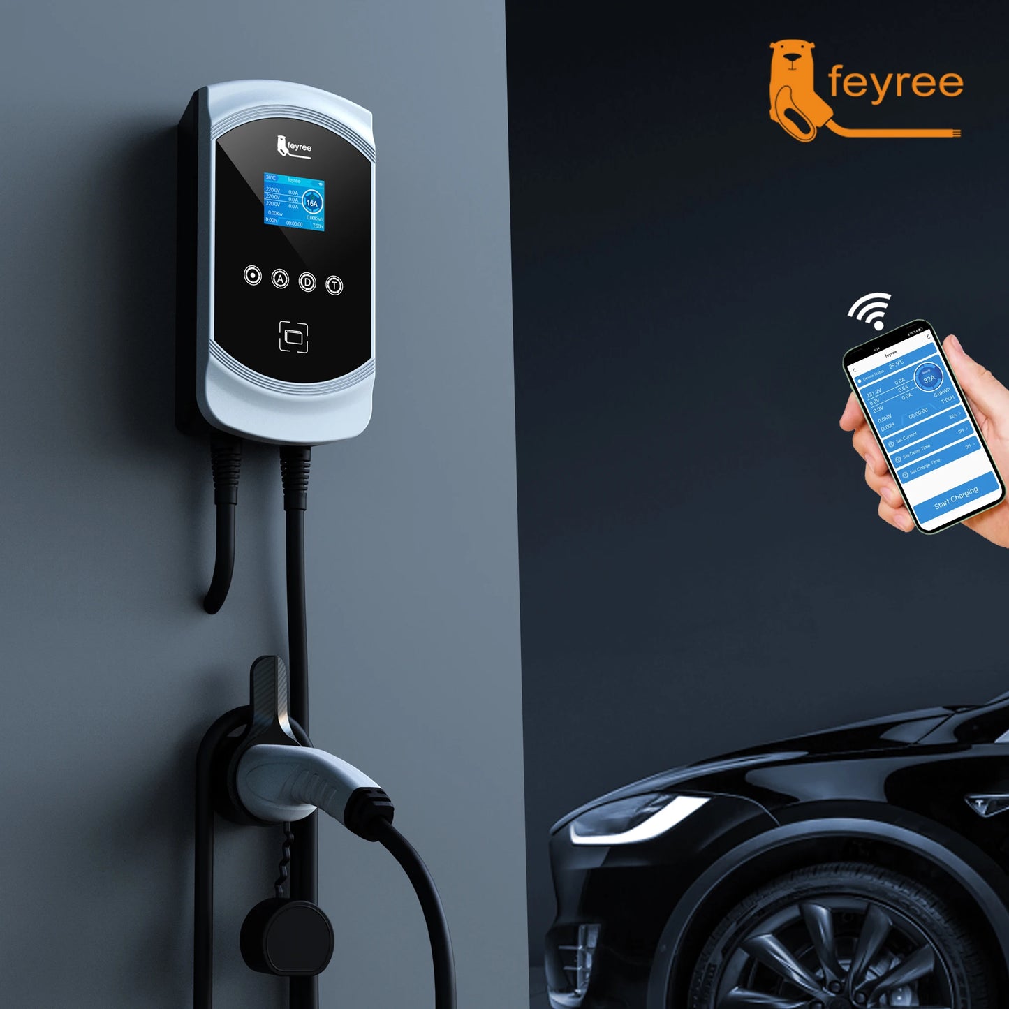 feyree EV Charger 32A 7.6KW Type2 Cable Car Charger EVSE Wallbox 11KW 22KW 3Phase IEC62196-2 Socket APP Control for Electric Car