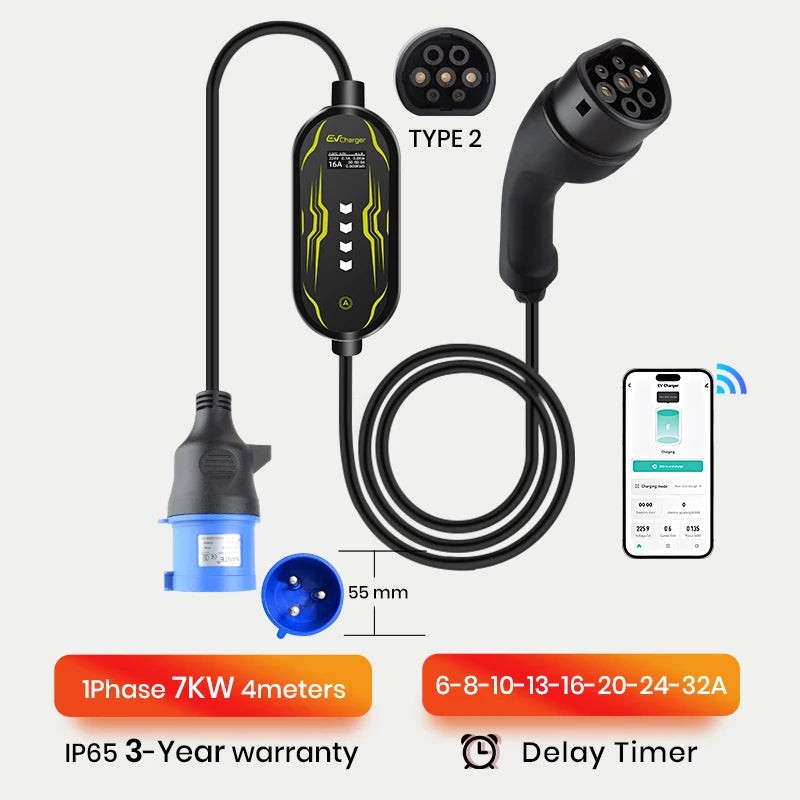 Junsun ev charger App control wallbox IP65 1Phase 7KW 32A 3.5KW 16A Type 2 Car fast charging plug to plug chargeur for tesla