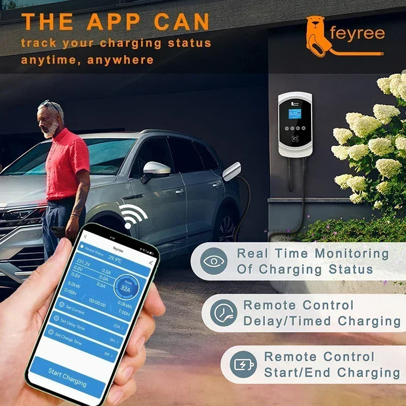 feyree EV Charger 32A 7.6KW Type2 Cable Car Charger EVSE Wallbox 11KW 22KW 3Phase IEC62196-2 Socket APP Control for Electric Car