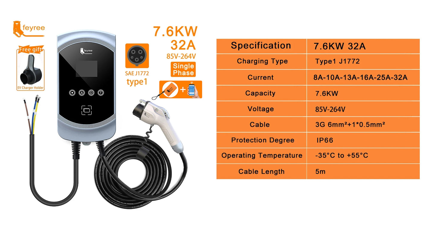 feyree EV Charger Type1 Cable j1772 Socket 32A 40A 50A Single Phase EVSE Wallbox Charging Station APP Control for Electric Car