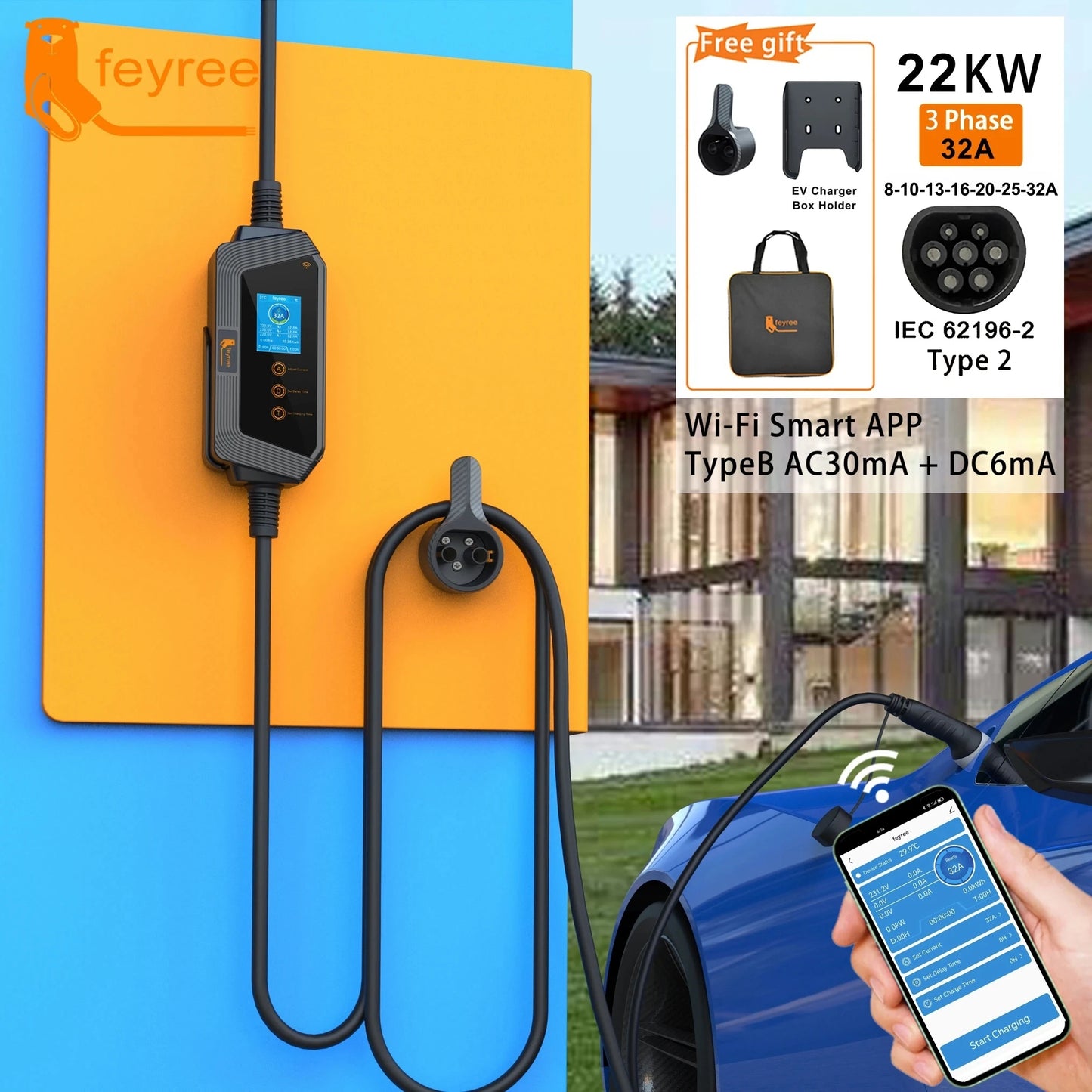 feyree EVSE Wallbox Type2 Cable EV Car Chager 7KW 11KW 22KW Electric Vehicle Charging Station with APP WIFI Control IEC62196-2