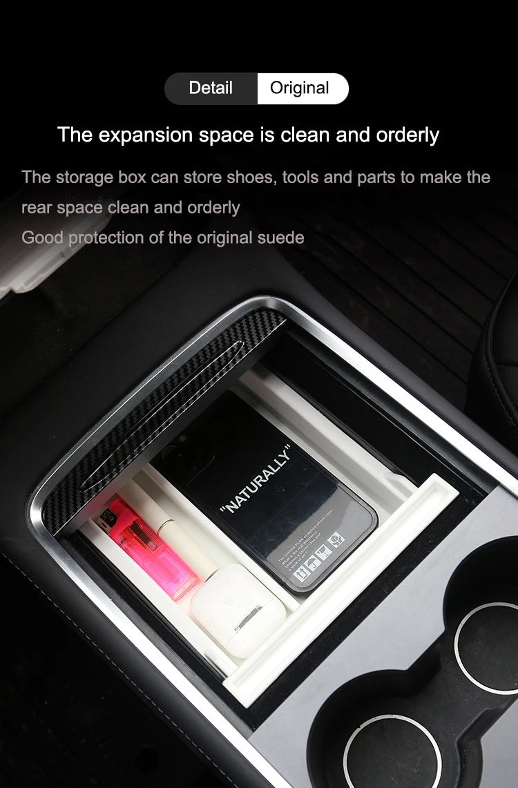 White Storage Box for Tesla Model 3 Y TPE+ABS Double Layered Dashboard Screen Armrest Central Control Boxes Interior Accessories