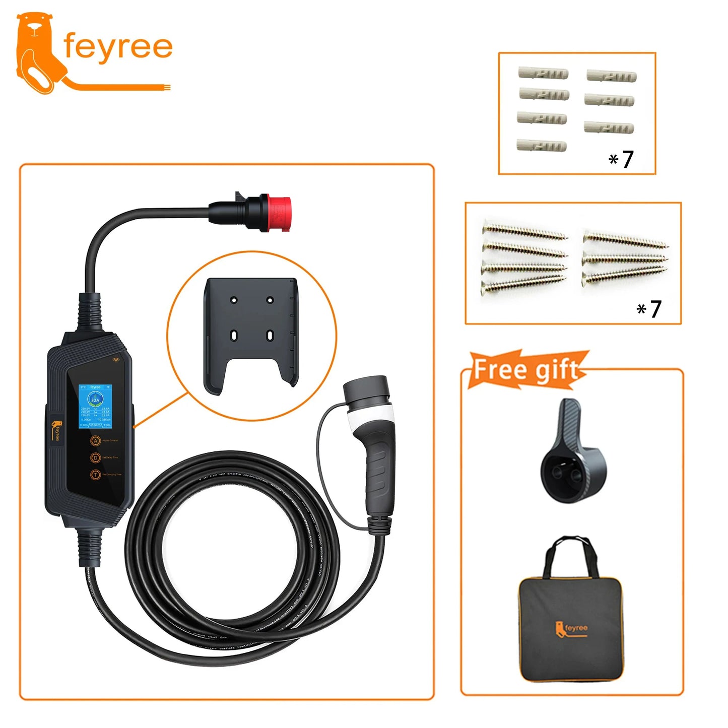feyree EVSE Wallbox Type2 Cable EV Car Chager 7KW 11KW 22KW Electric Vehicle Charging Station with APP WIFI Control IEC62196-2