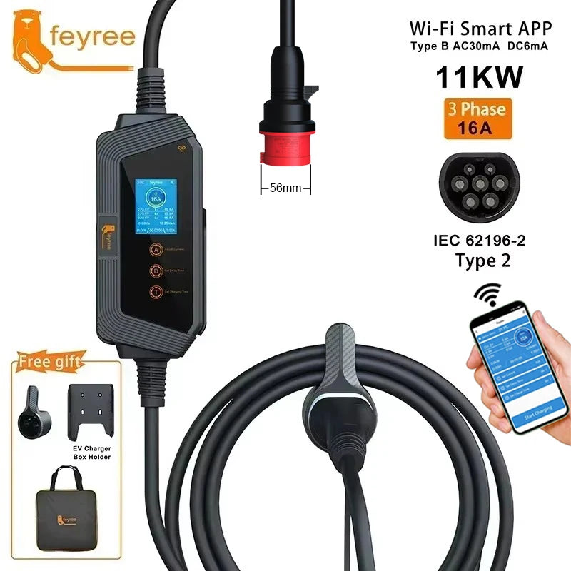 feyree EVSE Wallbox Type2 Cable EV Car Chager 7KW 11KW 22KW Electric Vehicle Charging Station with APP WIFI Control IEC62196-2