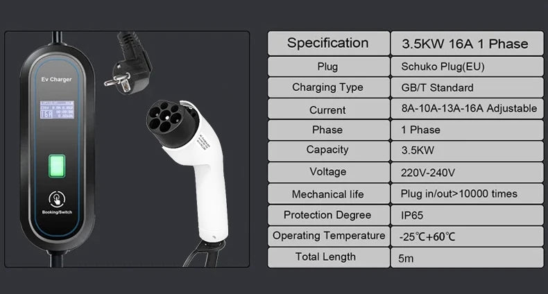 Teschev 110V 230V GBT EV Charger Electric Vehicle Charger Level 2 EVSE Charging Cable Wallbox Type 2 16A Car Charger
