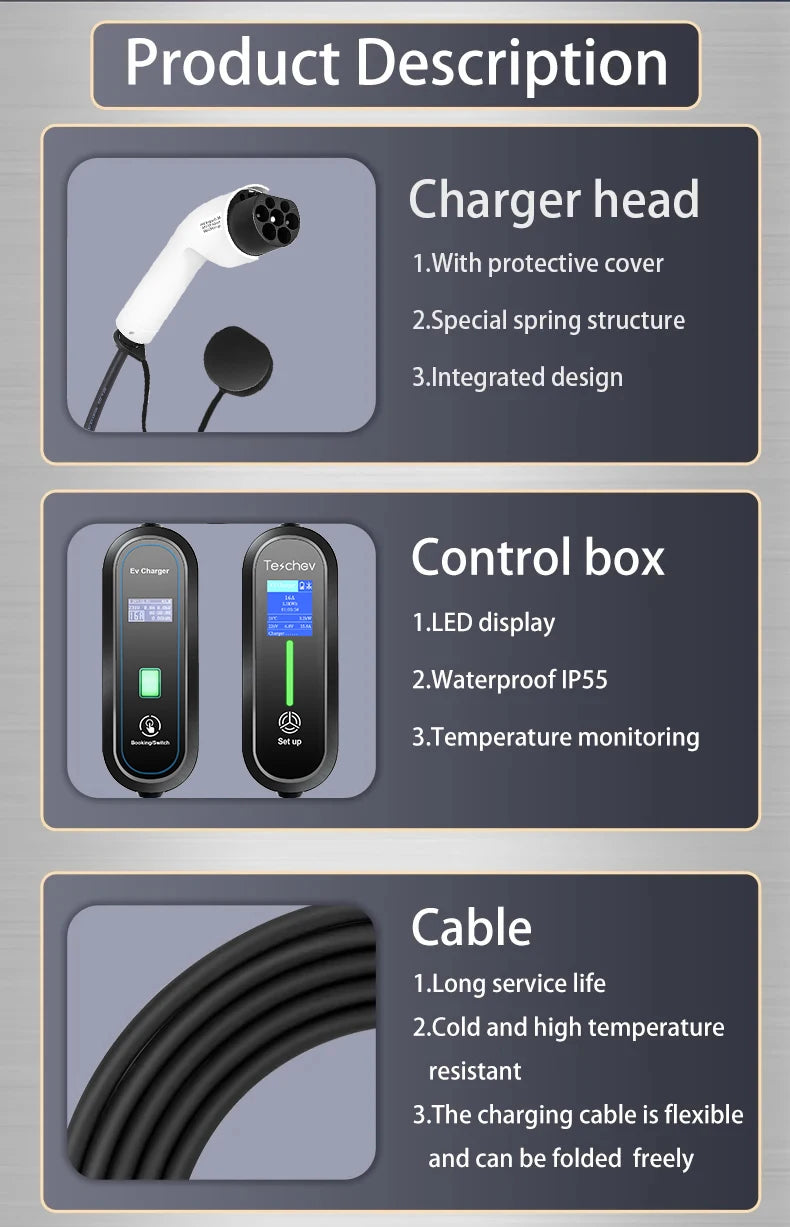 Teschev 110V 230V GBT EV Charger Electric Vehicle Charger Level 2 EVSE Charging Cable Wallbox Type 2 16A Car Charger
