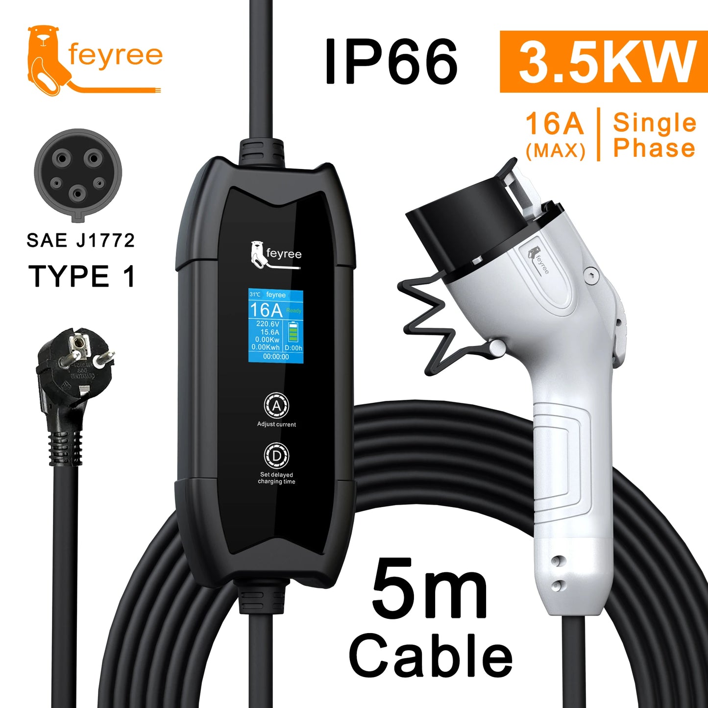 feyree Type2 16A 3.5kW EV Charger Portable Charging Box 5M Cable GBT Socket Type1 J1772 Adapter for Electric Vehicle Car Charger