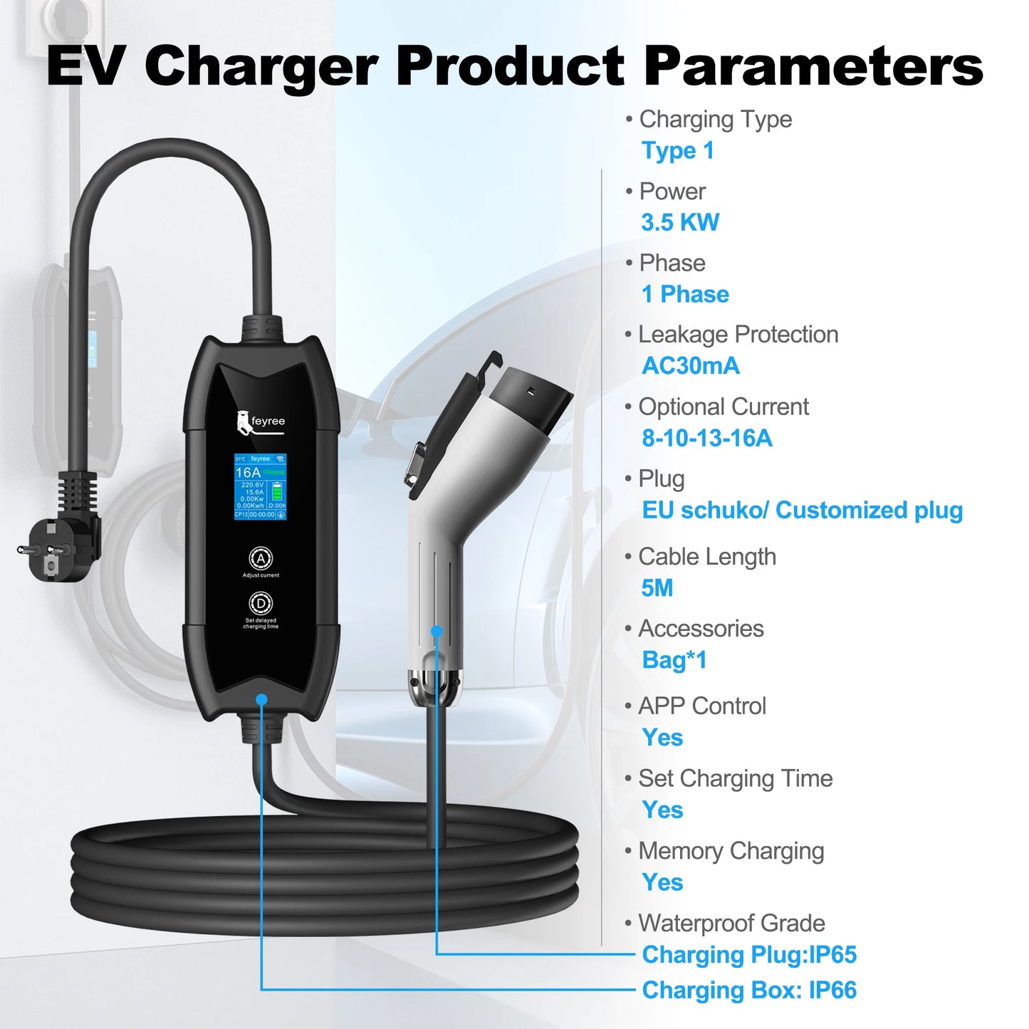 feyree Type1 Portable EV Charger 5m Cable with WIFI APP Control 16A 3.5KW Set Charging&DelayTime for EV Cars,Plug customizable