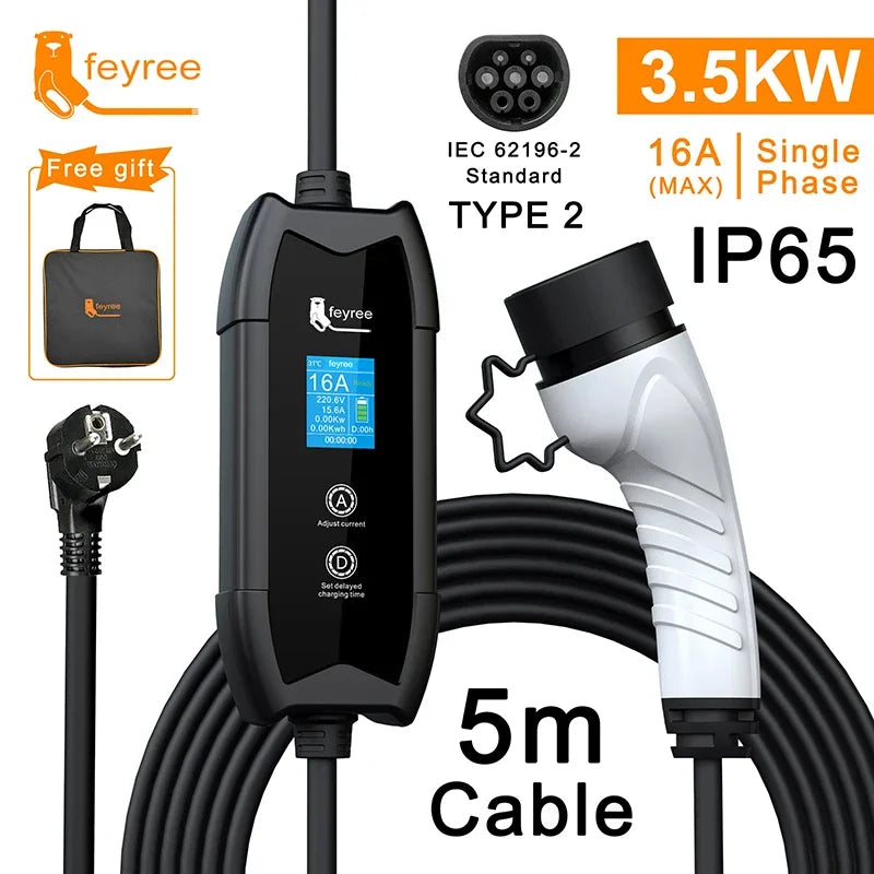 feyree Type2 16A 3.5kW EV Charger Portable Charging Box 5M Cable GBT Socket Type1 J1772 Adapter for Electric Vehicle Car Charger