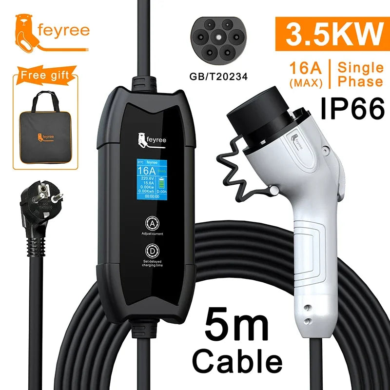 feyree Type2 16A 3.5kW EV Charger Portable Charging Box 5M Cable GBT Socket Type1 J1772 Adapter for Electric Vehicle Car Charger