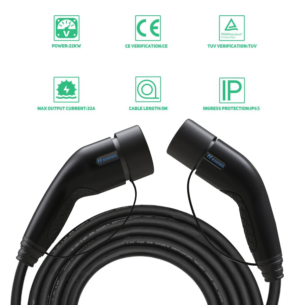 Khons Type2 To Type2 Ev Charging Cable 3Phase 32A Female To Male Plug 5M Cable 22kw IEC62196-2  EVES Charging Stations