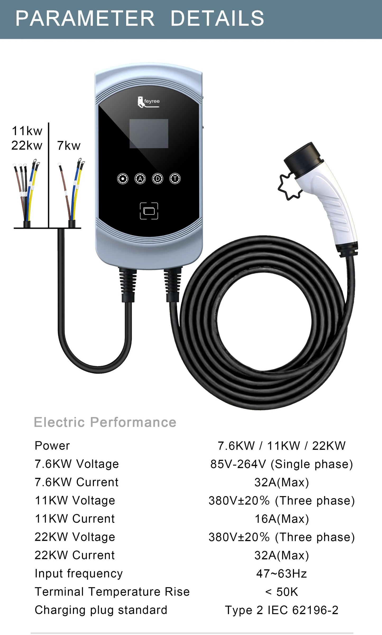 feyree EV Charger 32A 7.6KW Type2 Cable Car Charger EVSE Wallbox 11KW 22KW 3Phase IEC62196-2 Socket APP Control for Electric Car
