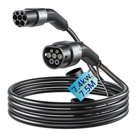 QIAO)) Type 2 EV Charging Cable, 7.4kW 7.5M 32A Single Phase, Electric Vehicle Type 2 to Type 2 IEC 62196 EV Charger Cable, EVs/Plug-in Hybrid Fast Car Charging Cable with Carry Bag