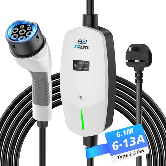 EVDANCE EV Charger Type 2 UK 3 Pin 20ft/6.1m [6/8/10/13A] Portable Electric Car Charger, Adjustable Current EV Charger with IP66, Type 2 Charging Cable for EV & PHEV, White