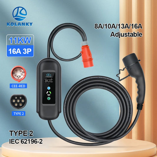 Portable 11KW 16A EV Portable Charger Type2 IEC62196-2 EVSE Charging Box Electric Vehicle PHEV Cars Charger CEE Plug 5M Cable