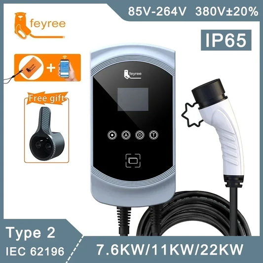 feyree EV Charger 32A 7.6KW Type2 Cable Car Charger EVSE Wallbox 11KW 22KW 3Phase IEC62196-2 Socket APP Control for Electric Car
